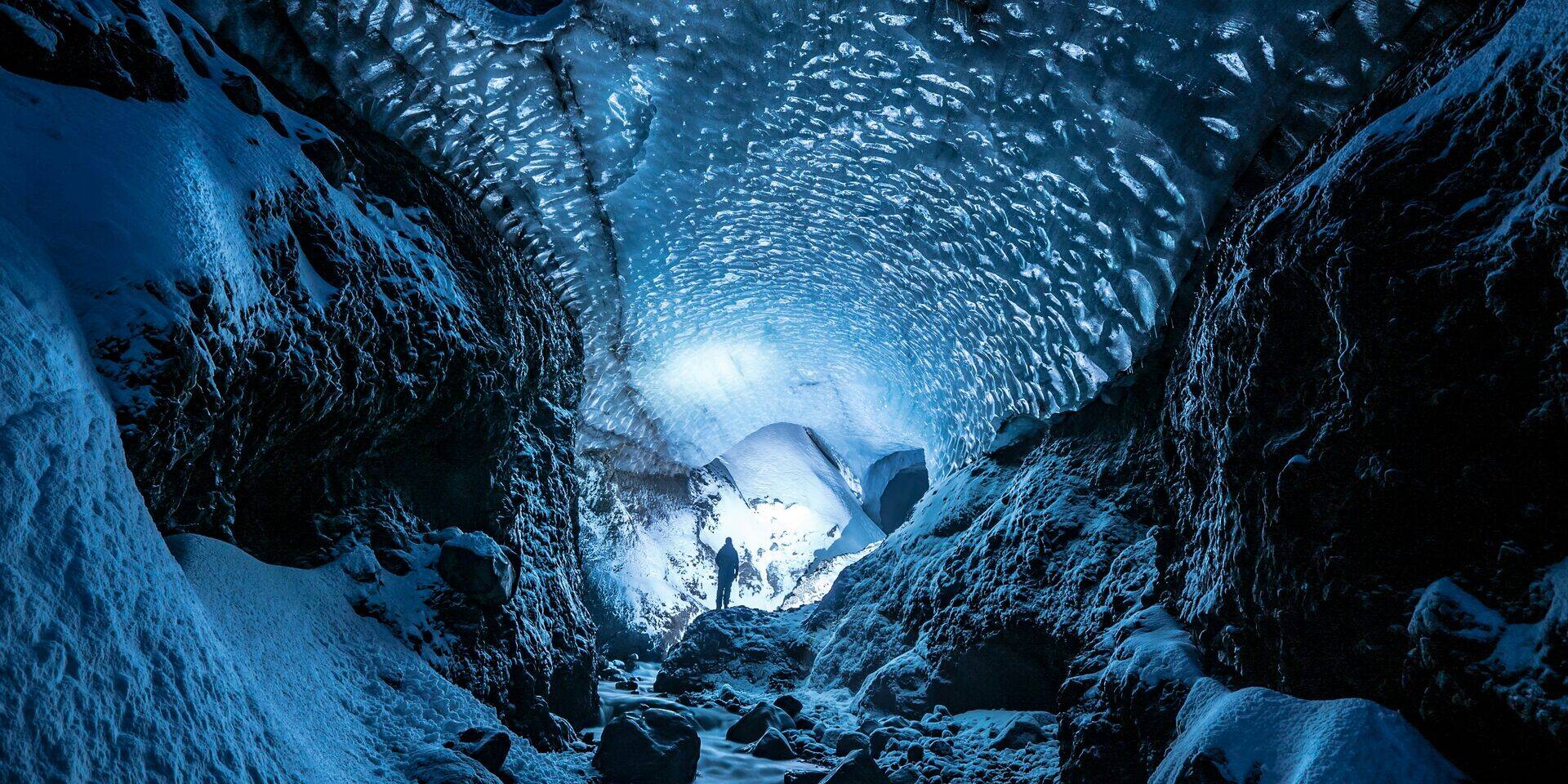 Blue ice cave Langjokull glacier Iceland